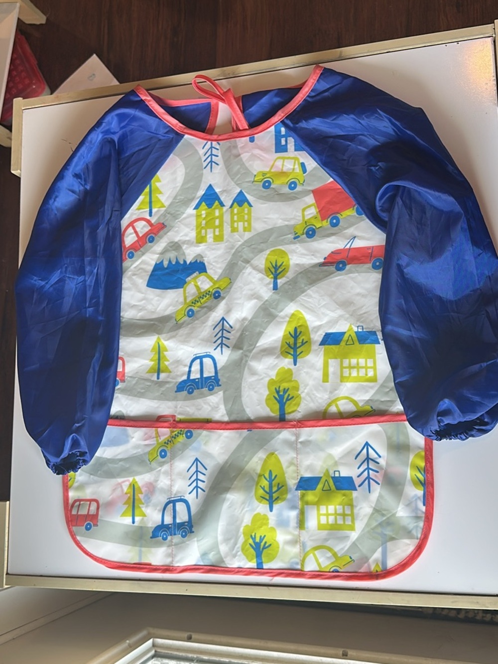Children's Long-Sleeve Bib Smock - Blue Sleeves, Multi Vehicle Print